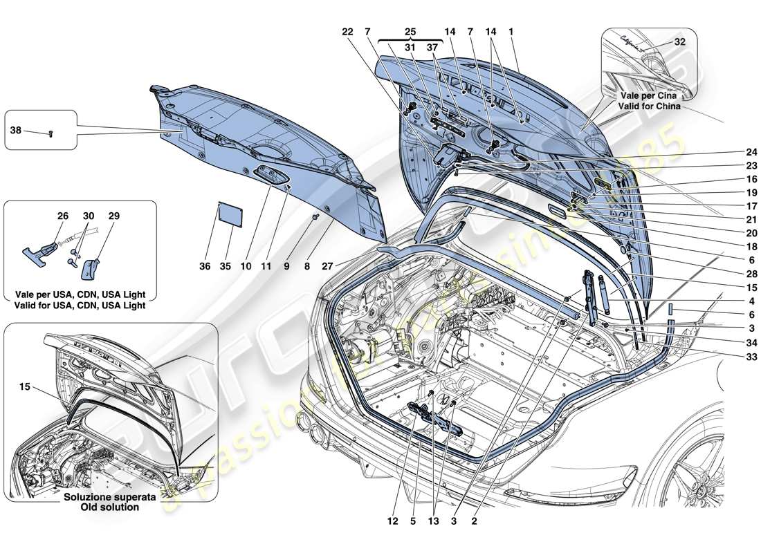 ferrari california t (rhd) tapa trasera y mecanismo de apertura diagrama de piezas