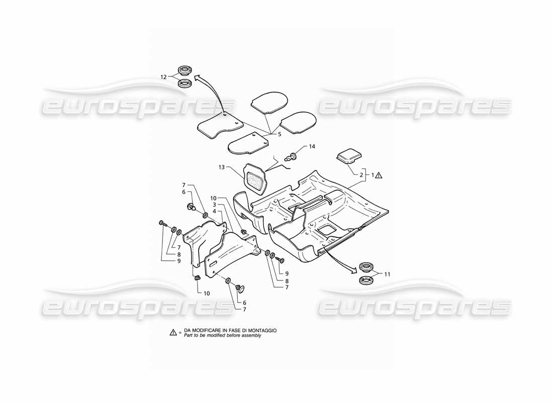 maserati qtp v6 (1996) alfombras del compartimiento de pasajeros: diagrama de piezas de vehículos con doble airbag