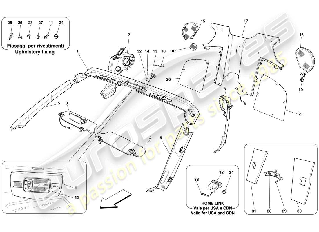 ferrari 599 sa aperta (rhd) borde del parabrisas y embellecedor del habitáculo trasero diagrama de piezas