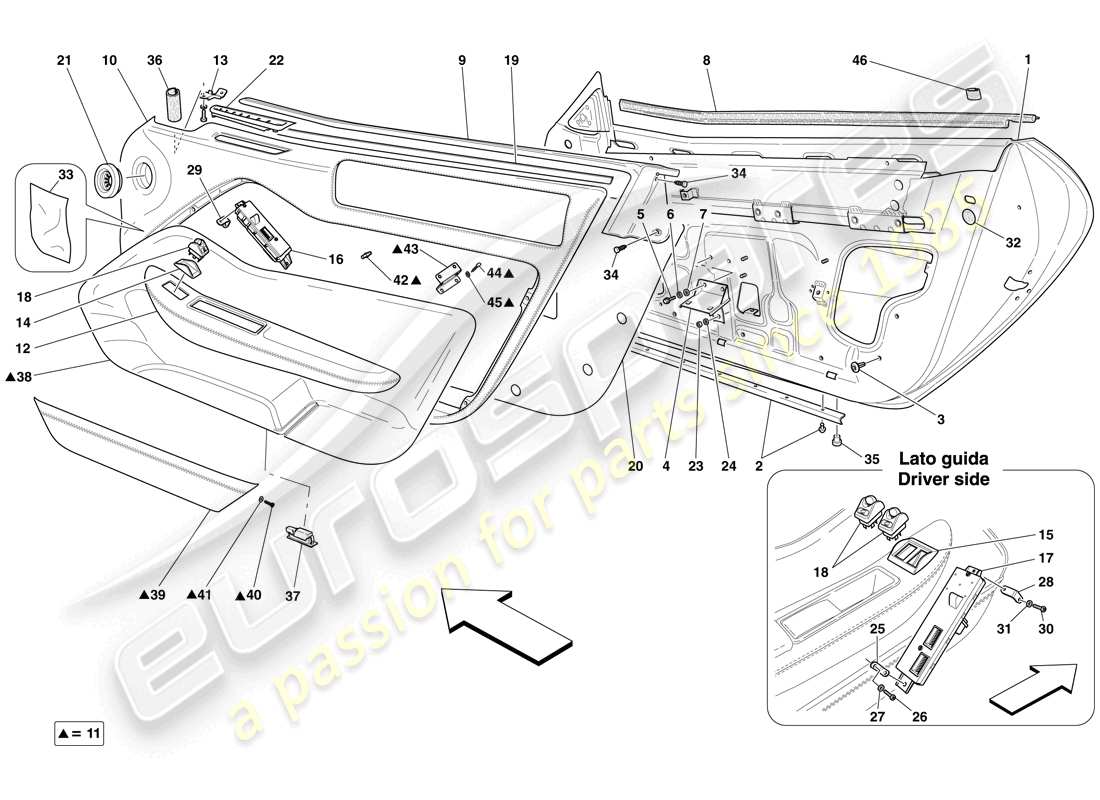 ferrari 599 gto (europe) puertas - subestructura y acabados diagrama de piezas