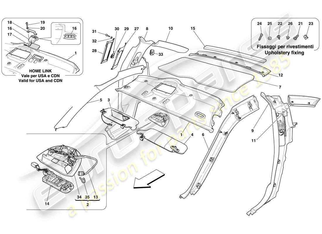 ferrari 599 gtb fiorano (usa) accesorios y acabados del techo diagrama de piezas