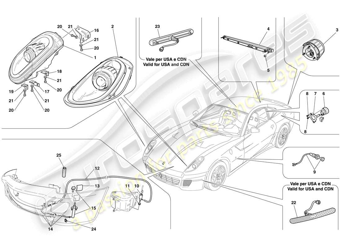 ferrari 599 gtb fiorano (usa) diagrama de piezas de faros y luces traseras