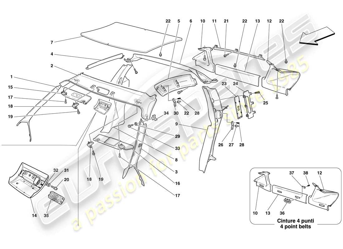 ferrari f430 scuderia (usa) accesorios y acabados del techo diagrama de piezas