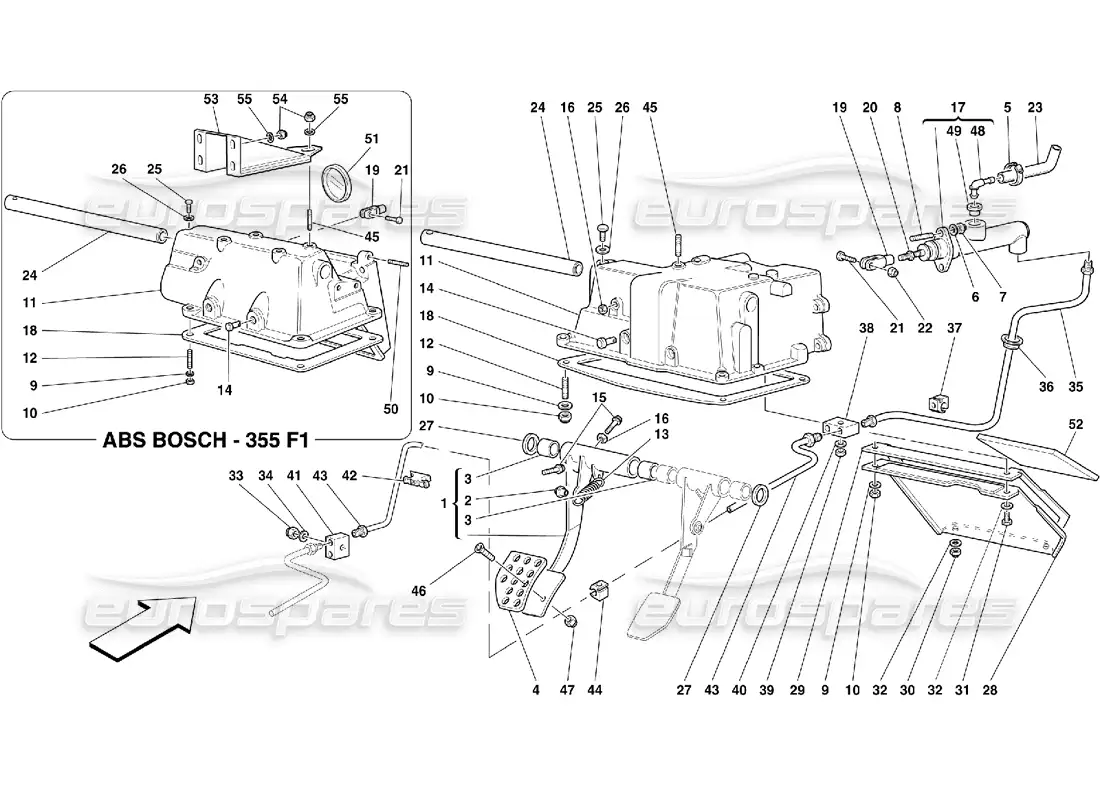ferrari 355 (5.2 motronic) control de liberación del embrague y soporte del pedal diagrama de piezas