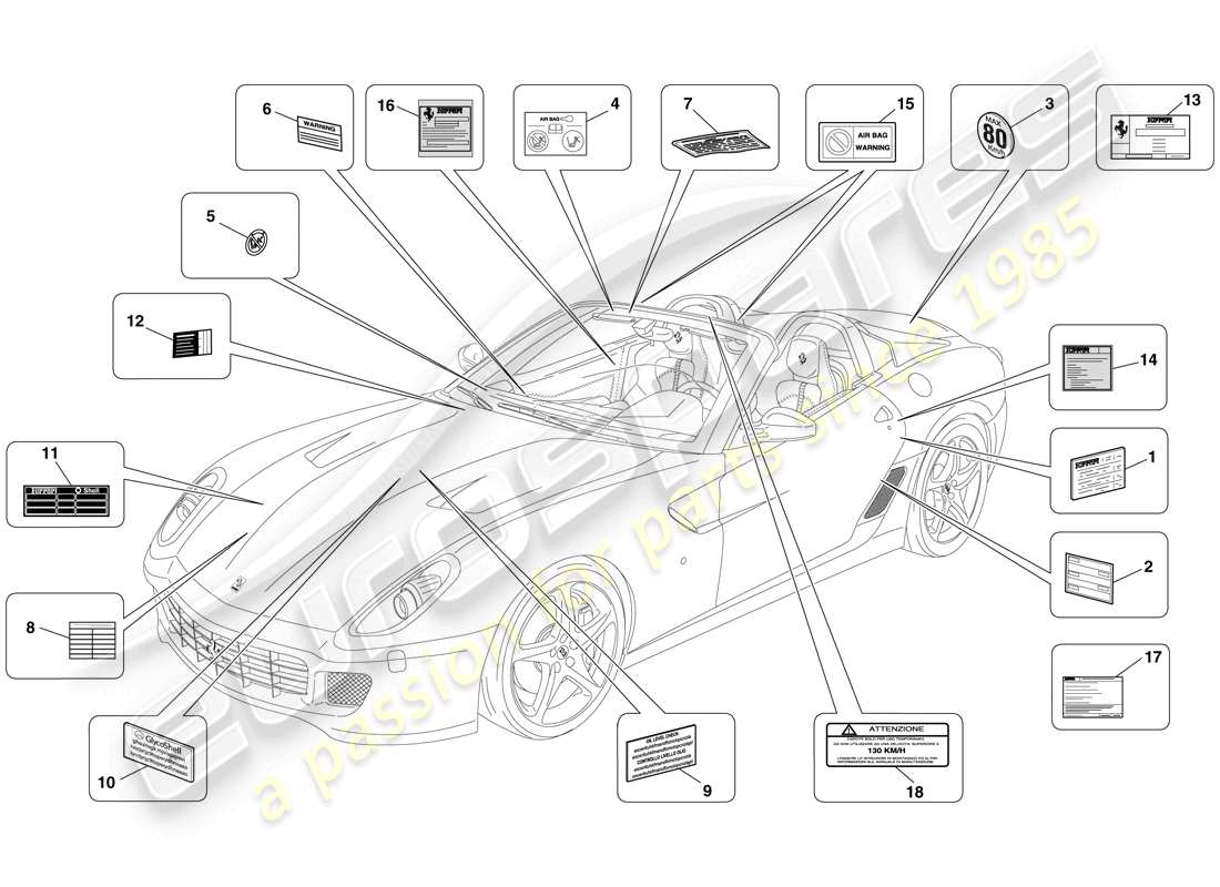 ferrari 599 sa aperta (rhd) etiquetas y placas adhesivas diagrama de piezas