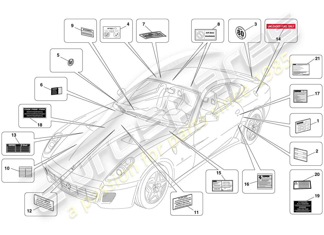 ferrari 599 gtb fiorano (usa) etiquetas y placas adhesivas diagrama de piezas