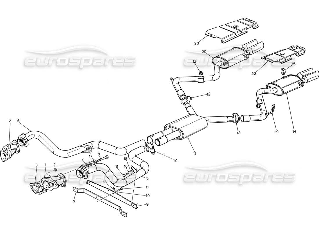 maserati 222 / 222e biturbo diagrama de piezas del sistema de escape sin catalizador