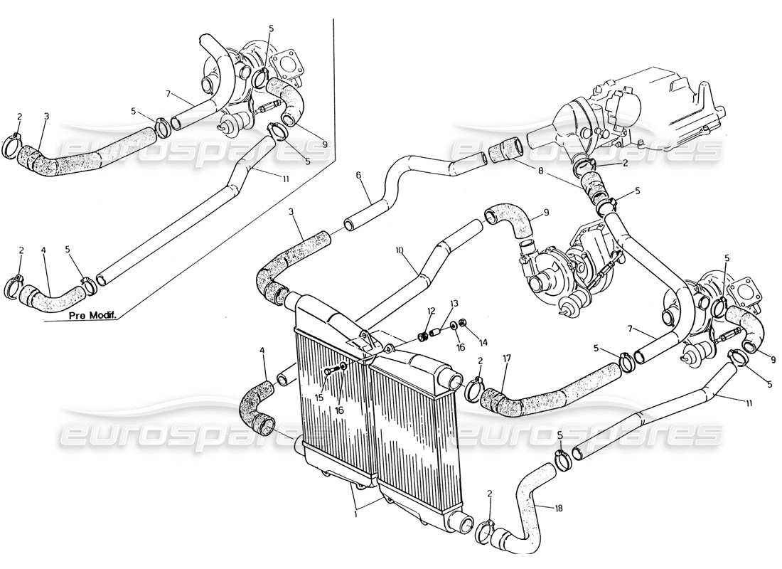 maserati 222 / 222e biturbo intercambiador de curación: diagrama de piezas de tuberías