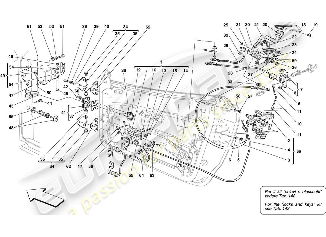 ferrari f430 coupe (rhd) puertas - mecanismo de apertura y bisagras diagrama de piezas