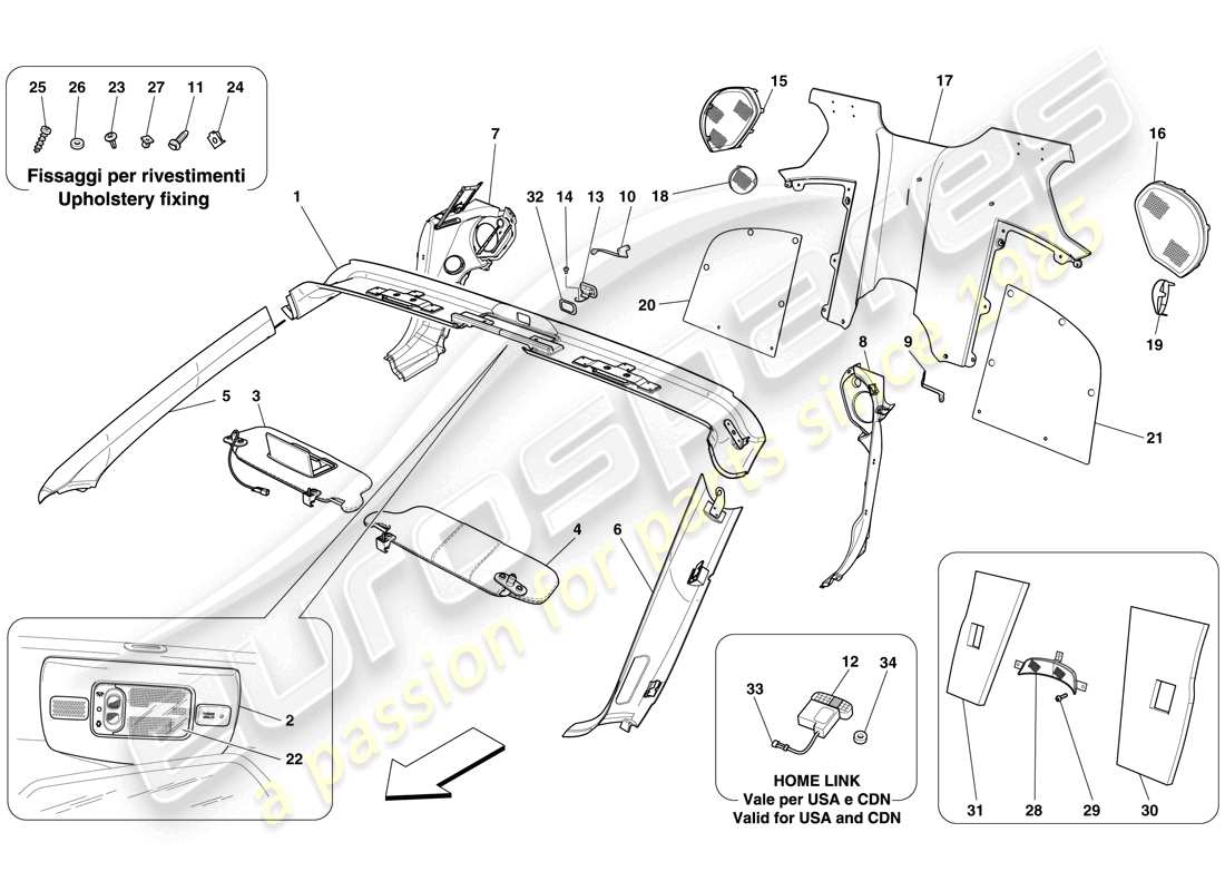 ferrari 599 sa aperta (europe) borde del parabrisas y moldura del habitáculo trasero diagrama de piezas