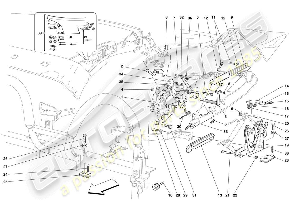 ferrari f430 spider (rhd) cinematica del techo - parte inferior diagrama de partes