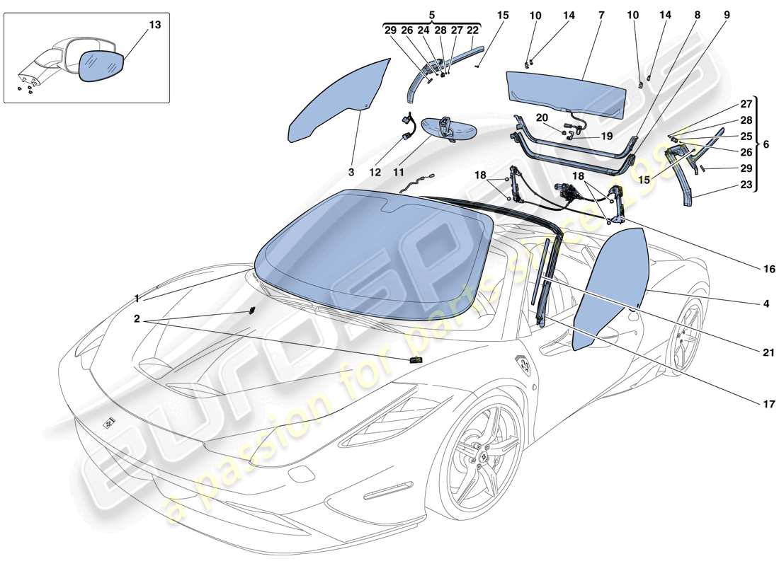 ferrari 458 speciale aperta (usa) pantallas, ventanas y juntas diagrama de piezas