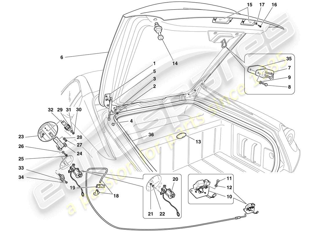 ferrari 599 sa aperta (usa) tapa del maletero y tapa del llenado de combustible diagrama de piezas