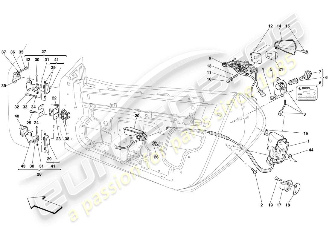 ferrari 599 sa aperta (rhd) puertas - mecanismo de apertura y bisagras diagrama de piezas