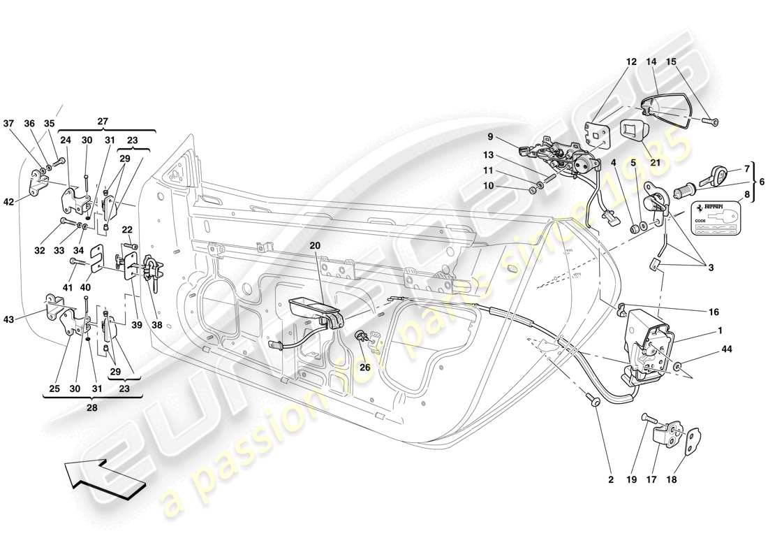 ferrari 599 gtb fiorano (usa) puertas - mecanismo de apertura y bisagras esquema de piezas