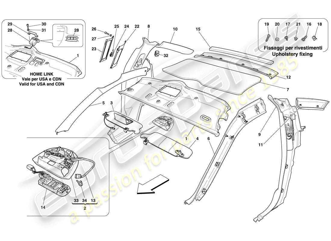 ferrari 599 gto (rhd) molduras del techo y accesorios diagrama de piezas