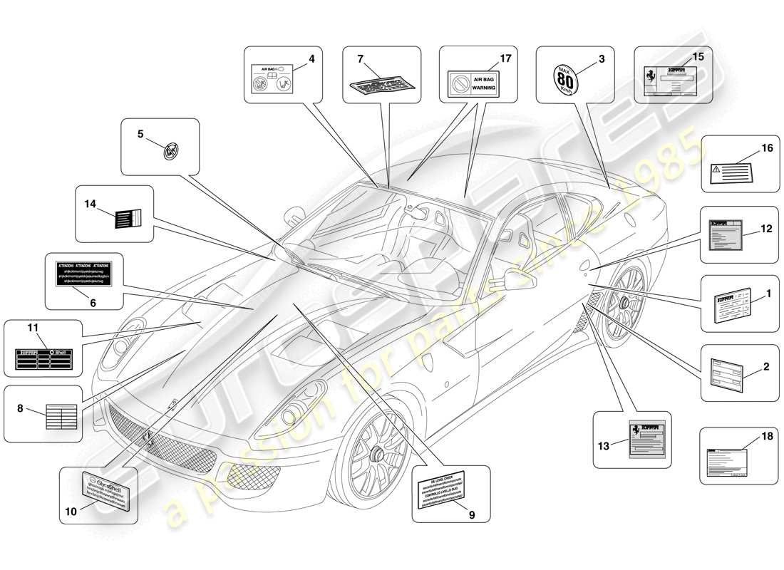 ferrari 599 gto (europe) etiquetas y placas adhesivas diagrama de piezas