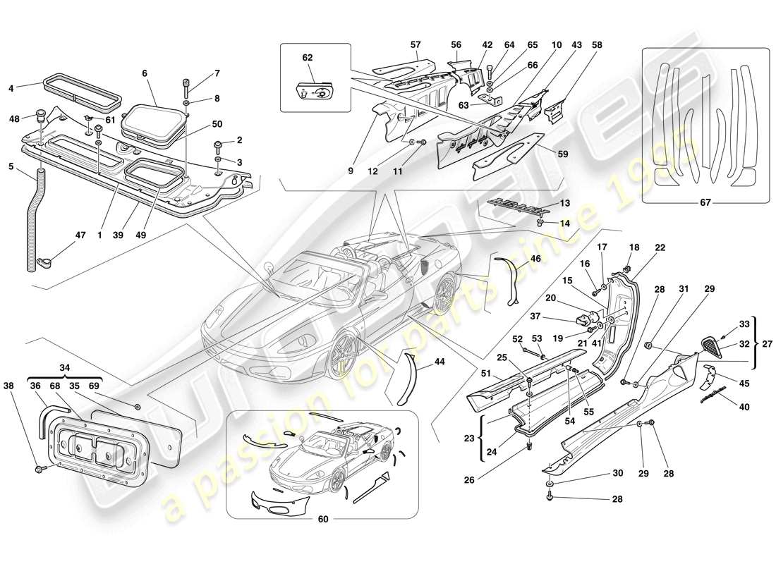 ferrari f430 spider (rhd) protectores - acabado externo diagrama de piezas