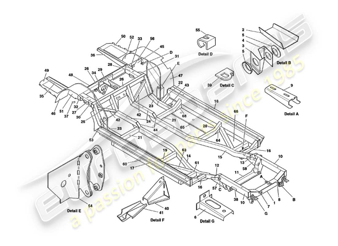aston martin v8 volante (2000) marco del chasis diagrama de piezas