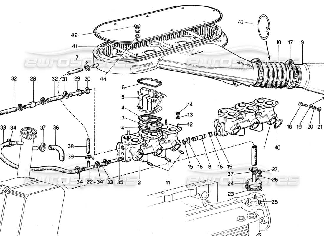 ferrari 365 gtb4 daytona (1969) colectores de admisión: diagrama de piezas de admisión de aire (1974 revisión)