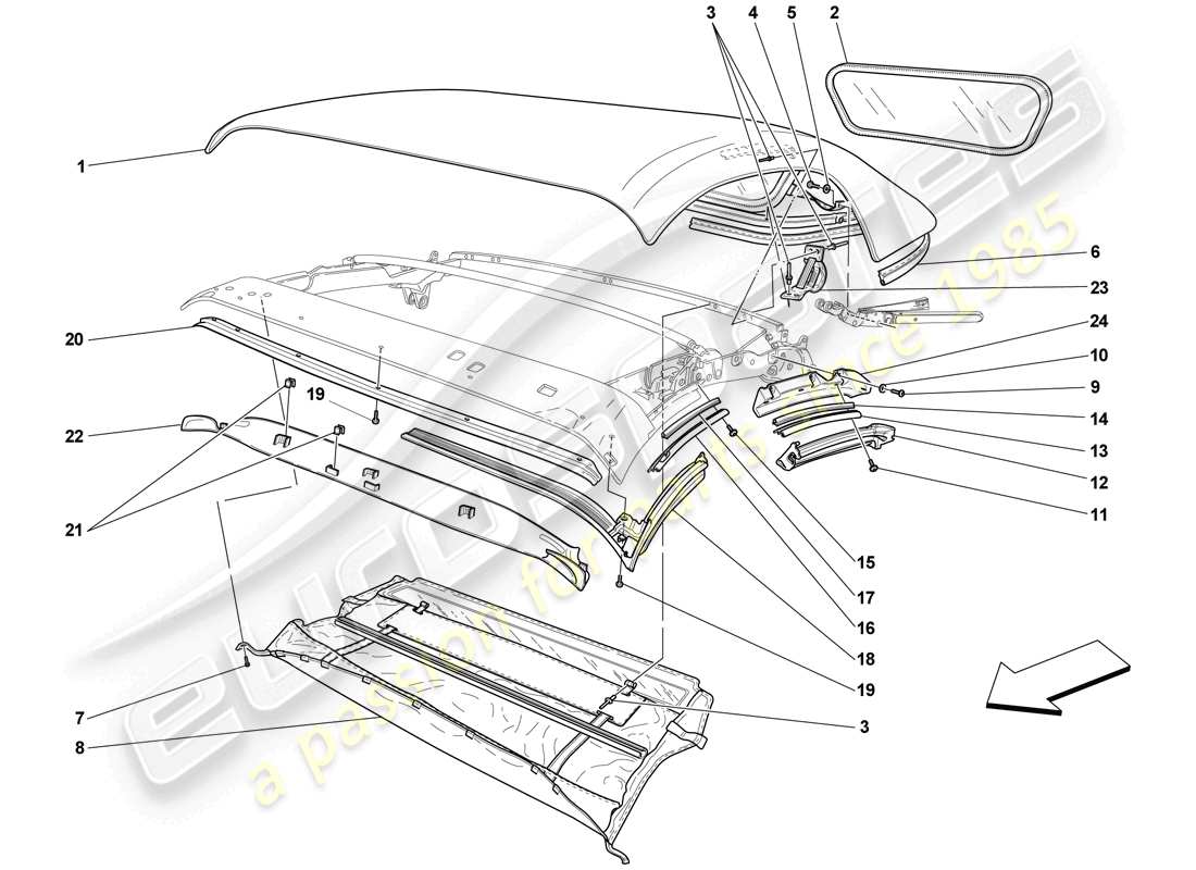 ferrari f430 scuderia (rhd) roof canvas - seals - mouldings part diagram