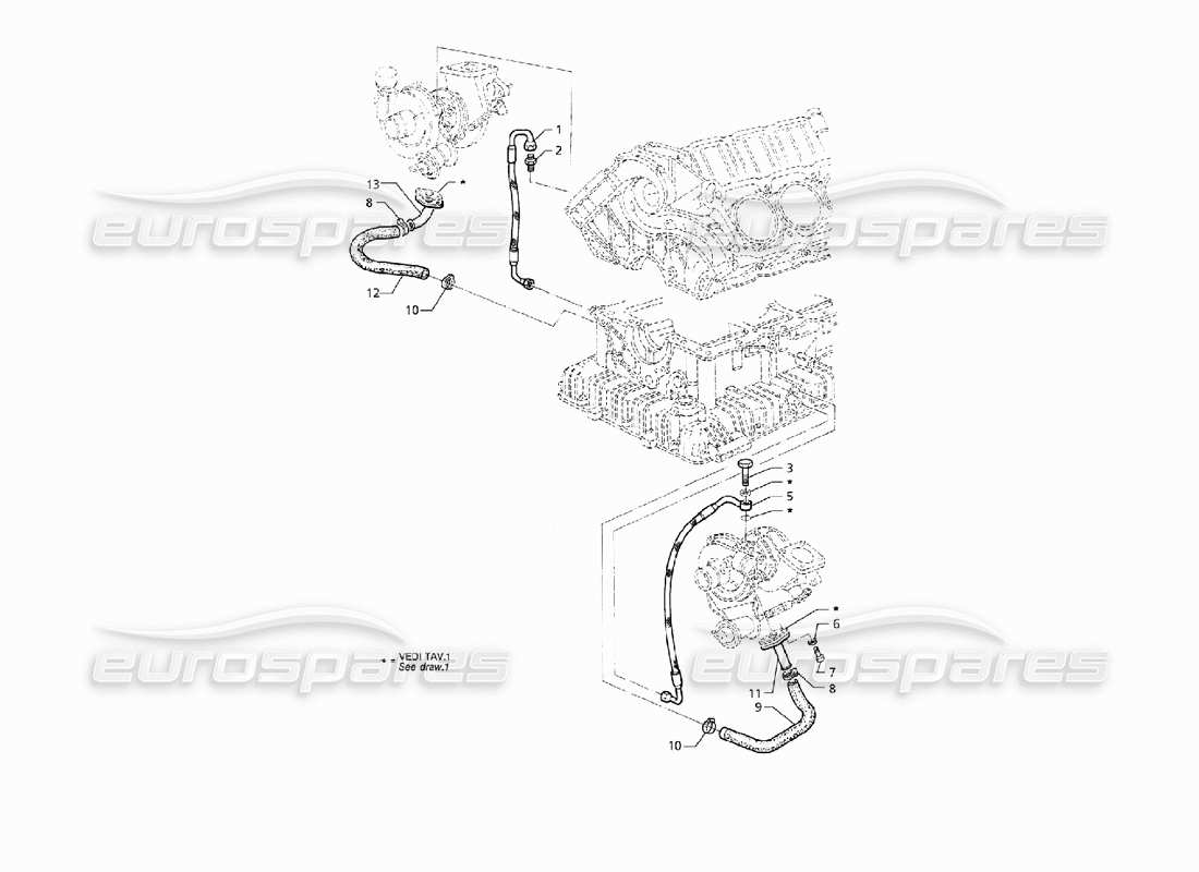 maserati qtp v8 (1998) lubricación de turbosopladores diagrama de piezas