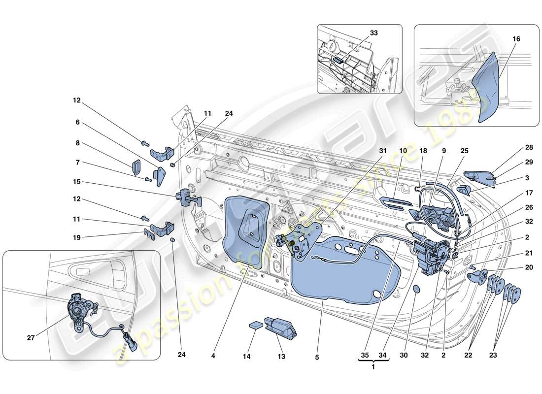 ferrari 458 speciale aperta (rhd) puertas - mecanismos de apertura y bisagras diagrama de piezas