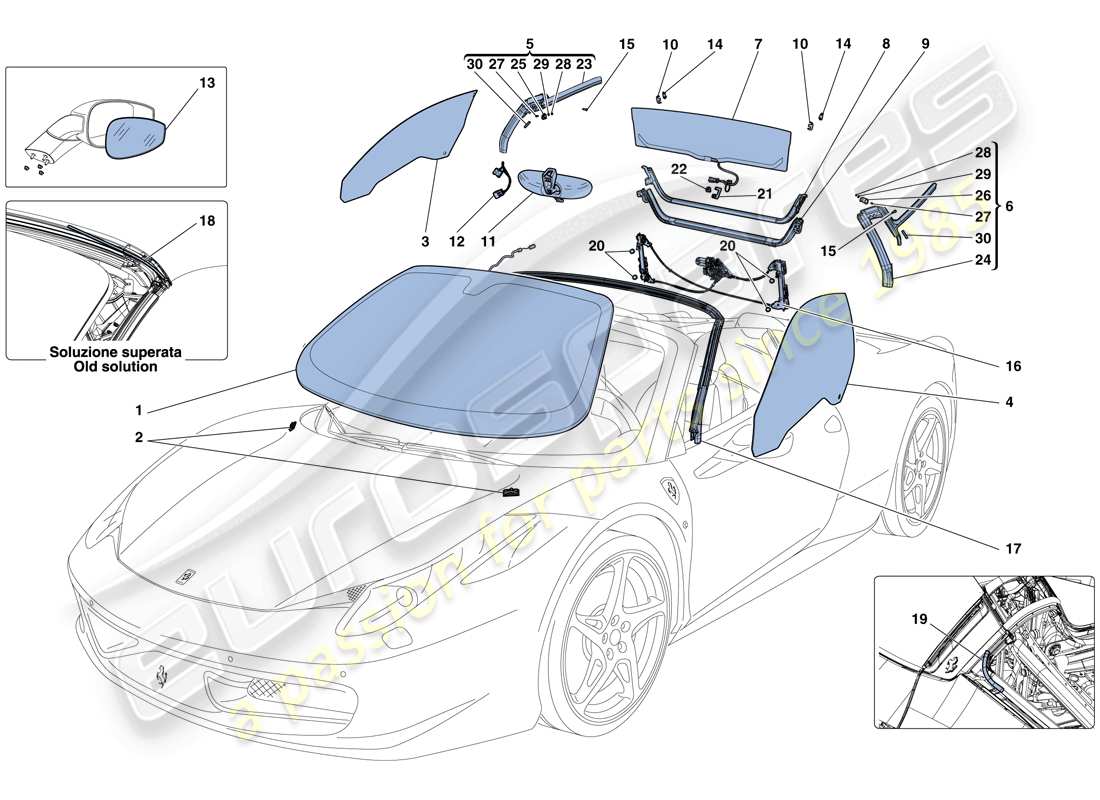 ferrari 458 spider (europe) pantallas, ventanas y juntas diagrama de piezas