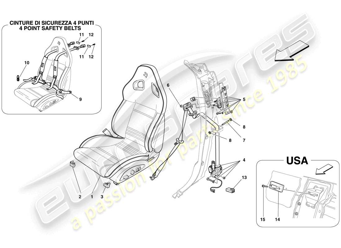 ferrari 599 gto (usa) asiento delantero completo y cinturones de seguridad diagrama de piezas