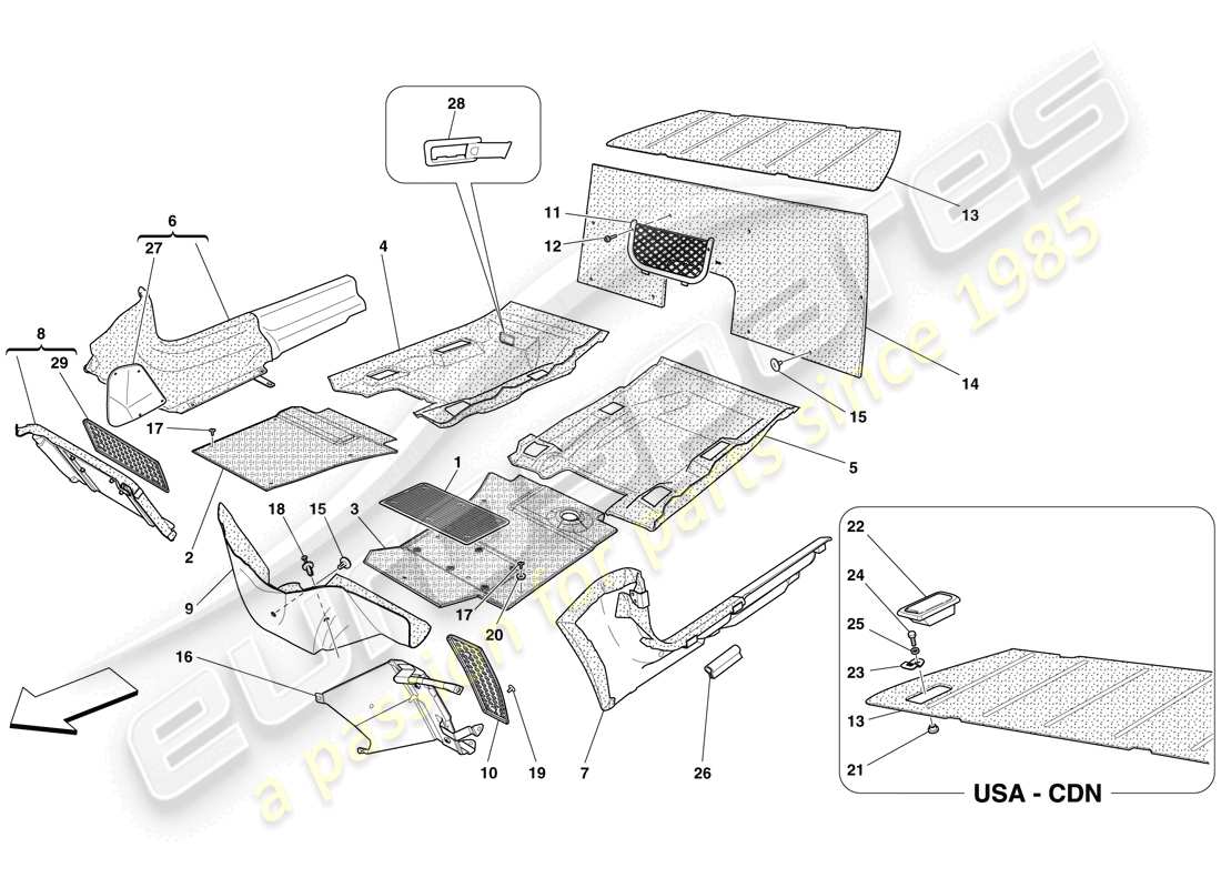 ferrari 599 gto (usa) molduras y alfombrillas del habitáculo diagrama de piezas