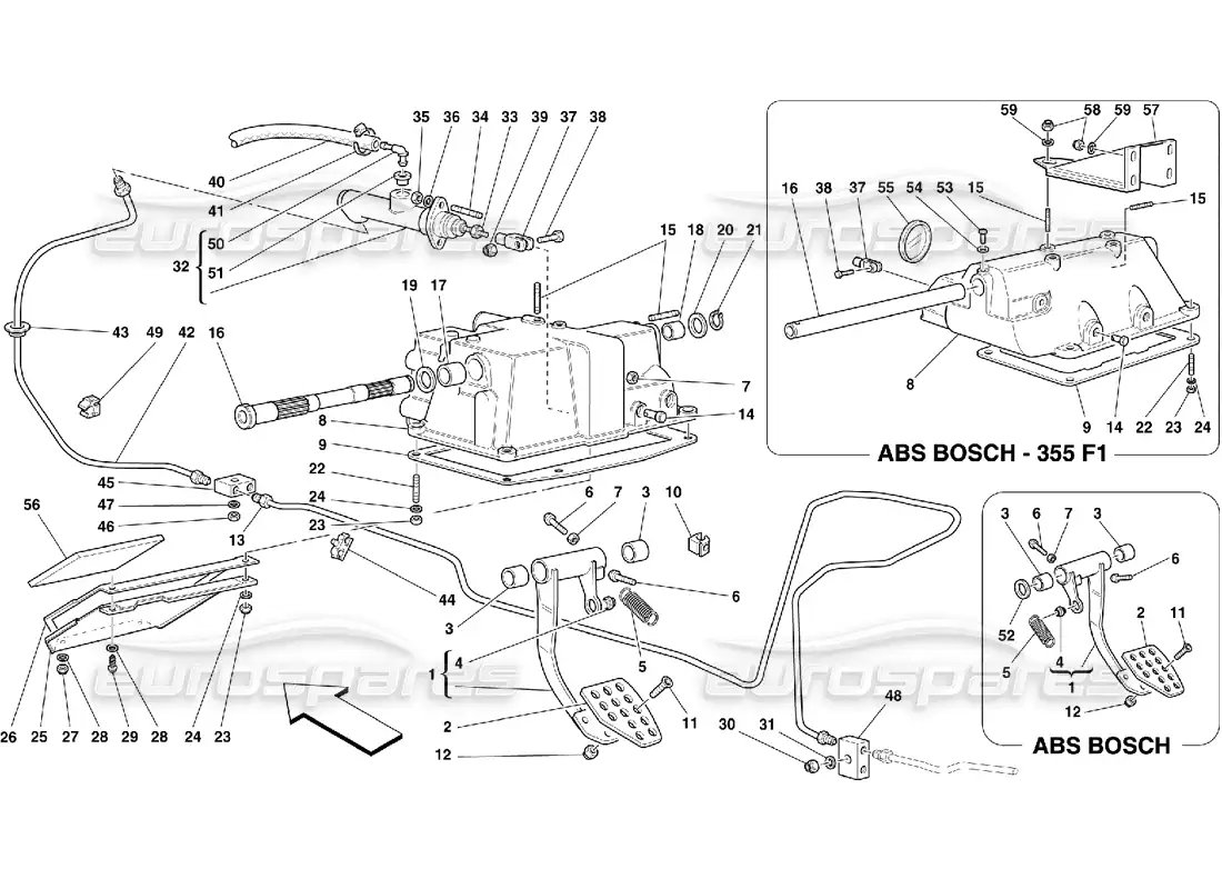 ferrari 355 (5.2 motronic) control de liberación del embrague y soporte del pedal diagrama de piezas