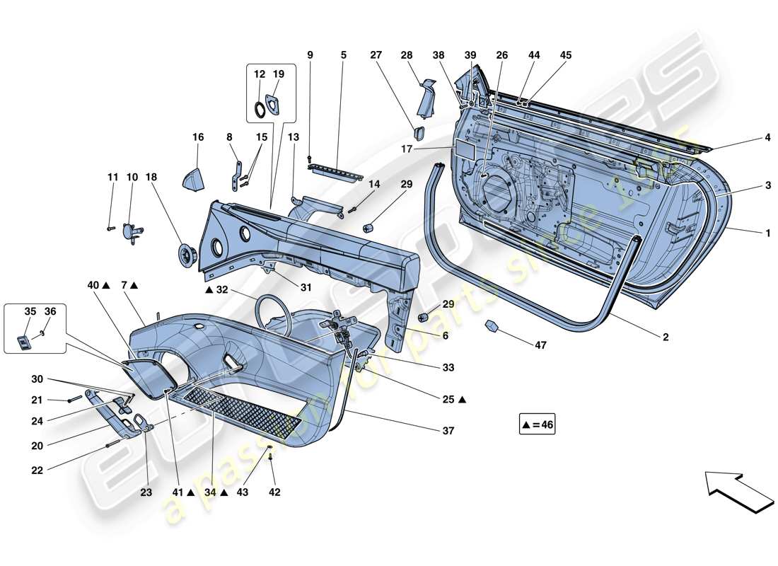 ferrari f12 tdf (rhd) puertas - subestructura y acabados diagrama de piezas