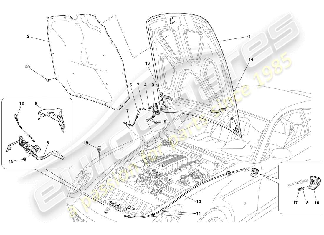ferrari 612 scaglietti (rhd) diagrama de piezas de la tapa del compartimiento del motor