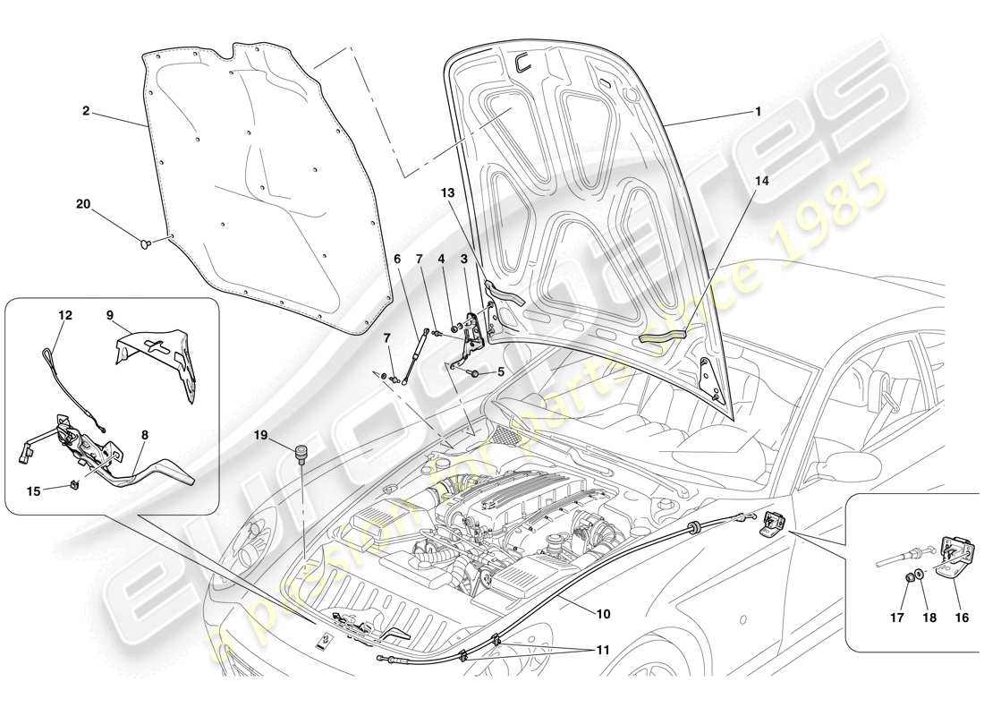 ferrari 612 scaglietti (rhd) tapa del compartimiento del motor diagrama de piezas