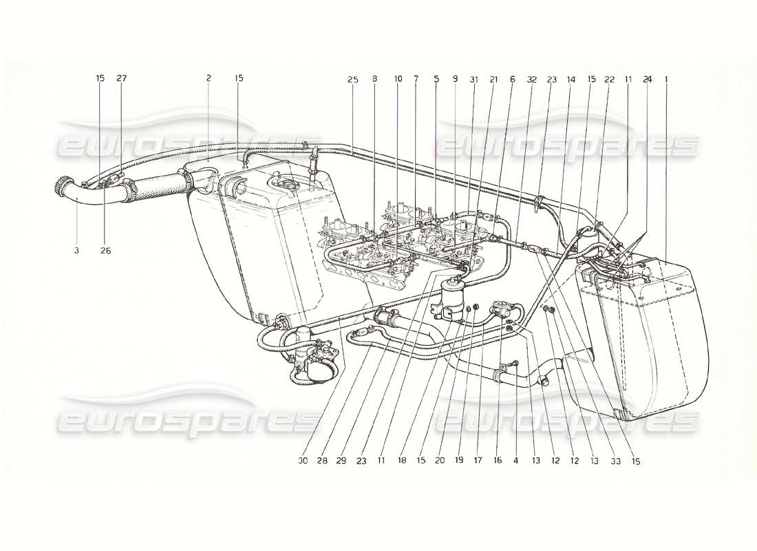 ferrari 308 gt4 dino (1976) especificaciones de ee. uu. del sistema de combustible (desde el n.º 11994 - versión 1976 de ee. uu.) diagrama de piezas