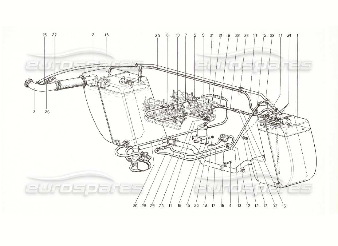 ferrari 308 gt4 dino (1976) especificaciones del sistema de combustible de ee. uu. (desde el n.° 11994 - versión de ee. uu. 1976) diagrama de piezas