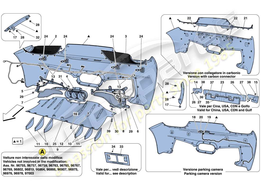 ferrari 458 spider (rhd) diagrama de piezas del parachoques trasero