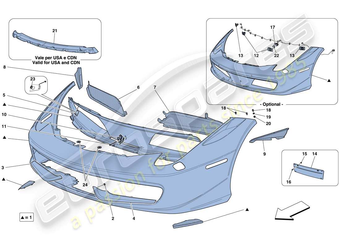 ferrari 458 spider (rhd) diagrama de piezas del parachoques delantero