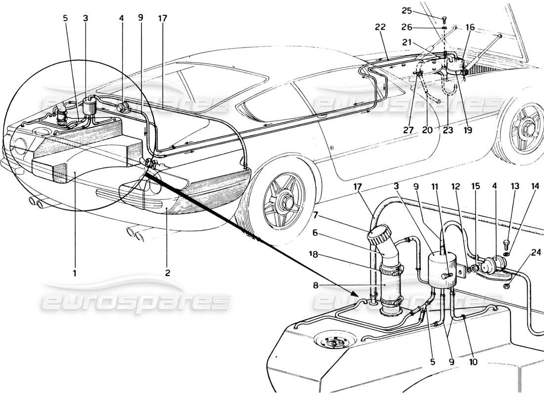 ferrari 365 gtb4 daytona (1969) diagrama de piezas del sistema de bomba de combustible (1972 revisión)