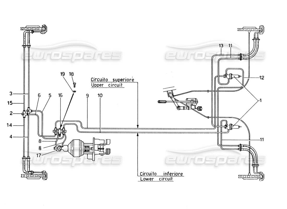 ferrari 365 gtb4 daytona (1969) diagrama de piezas del sistema de líneas de freno (1974 revisión)