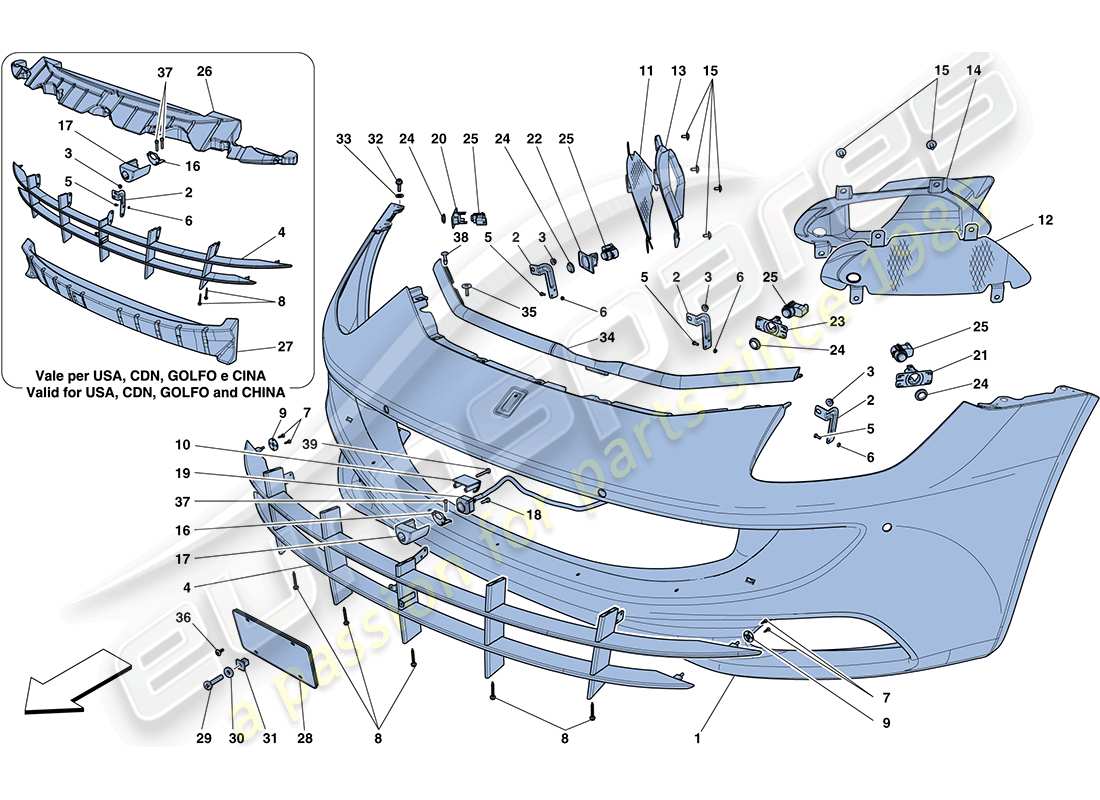 ferrari ff (usa) diagrama de piezas del parachoques delantero