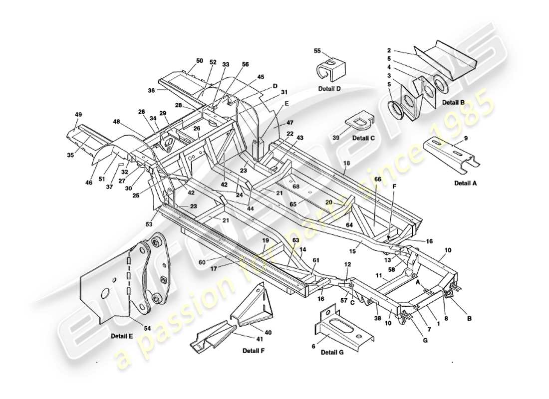 aston martin v8 volante (1999) marco del chasis diagrama de piezas
