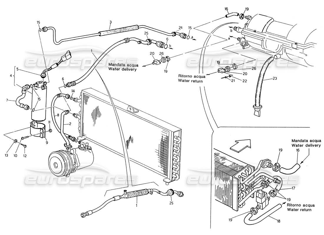 maserati 222 / 222e biturbo diagrama de piezas del sistema de aire acondicionado dirección izquierda (después de la modificación)