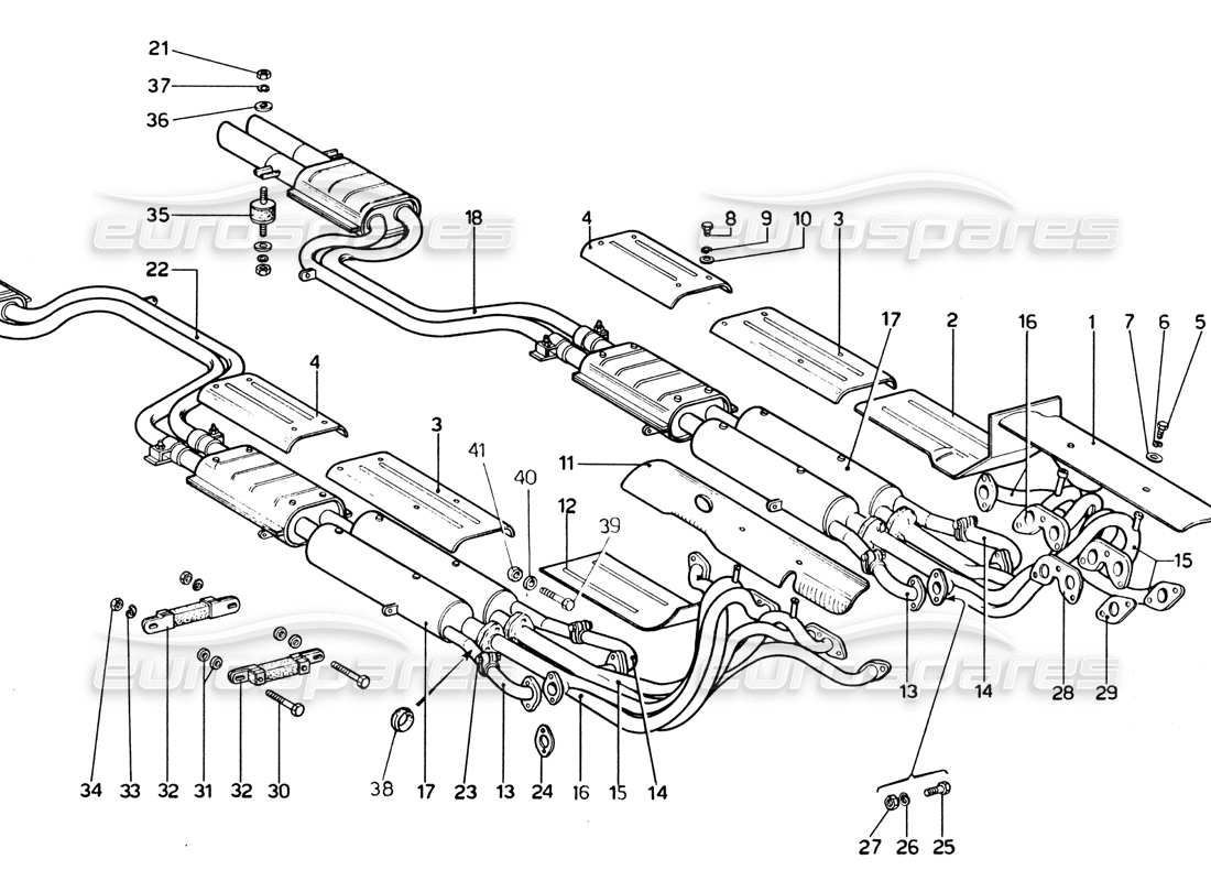 ferrari 365 gtb4 daytona (1969) diagrama de piezas del sistema de escape (1974 revisión)