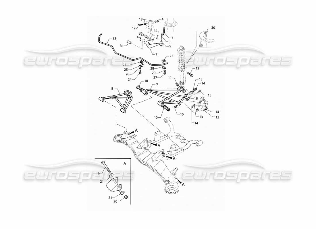 maserati qtp v6 (1996) diagrama de piezas de la barra estabilizadora y premodificación de la suspensión trasera