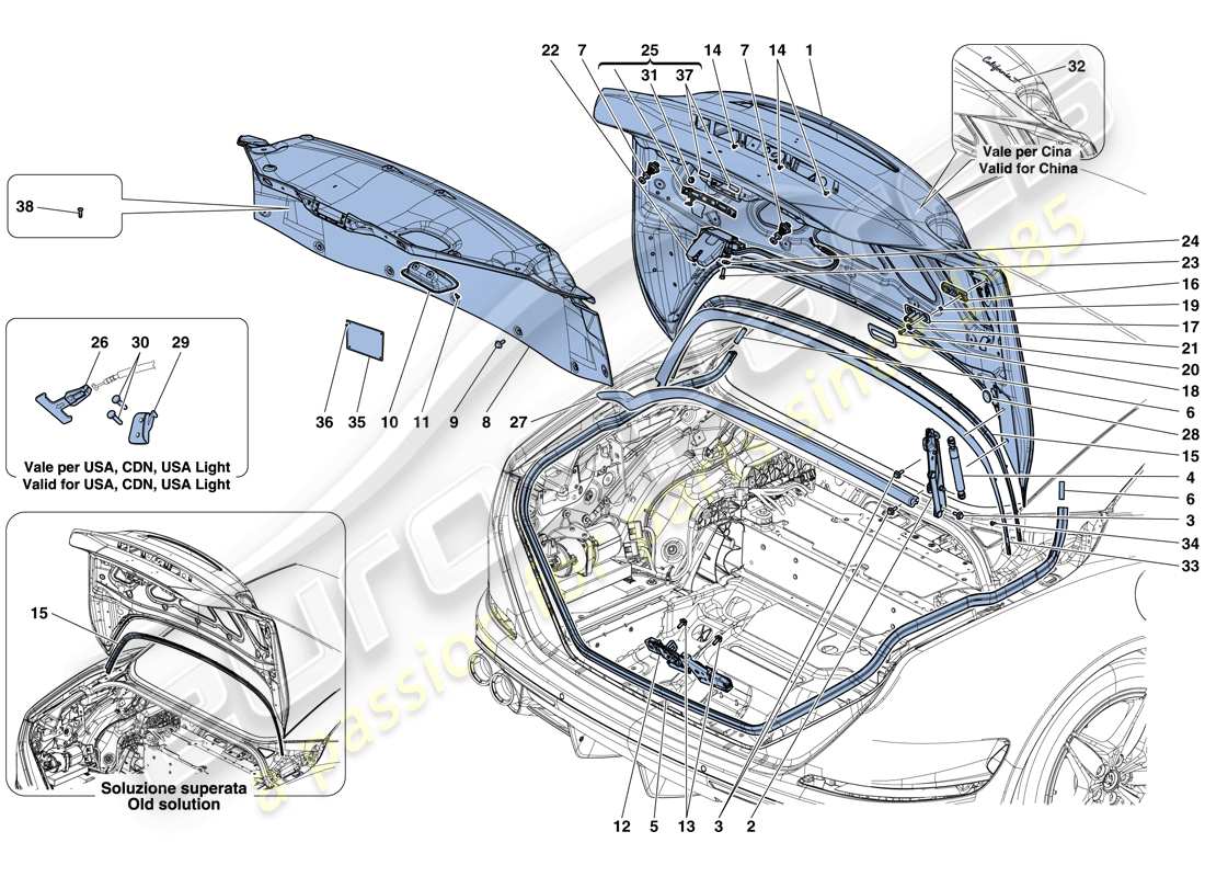 ferrari california t (europe) tapa trasera y mecanismo de apertura diagrama de piezas