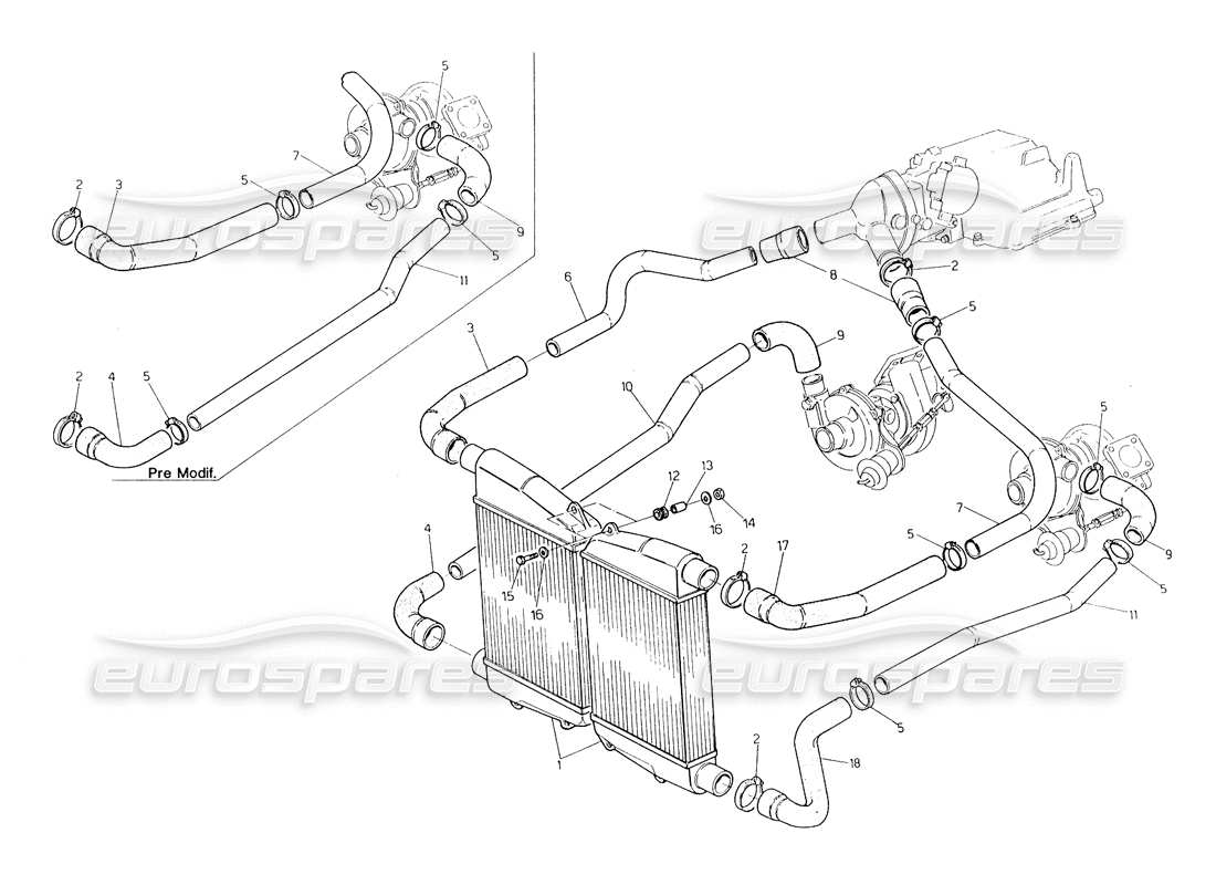 maserati biturbo spider intercambiador de calor: diagrama de piezas de tuberías