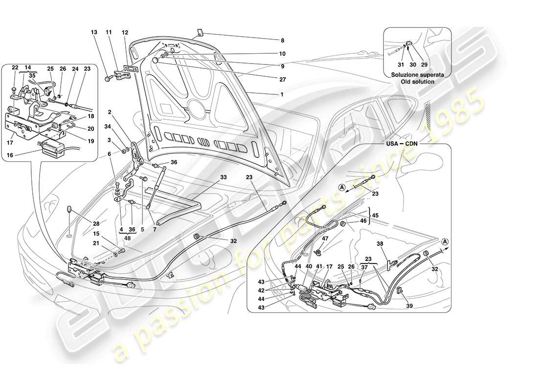 ferrari f430 coupe (rhd) tapa frontal y mecanismo de apertura diagrama de piezas
