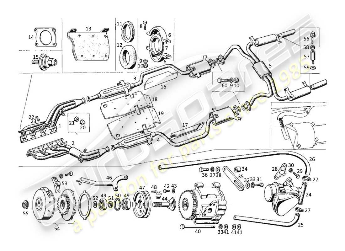 maserati kyalami tubos de escape y bomba de aire. diagrama de piezas
