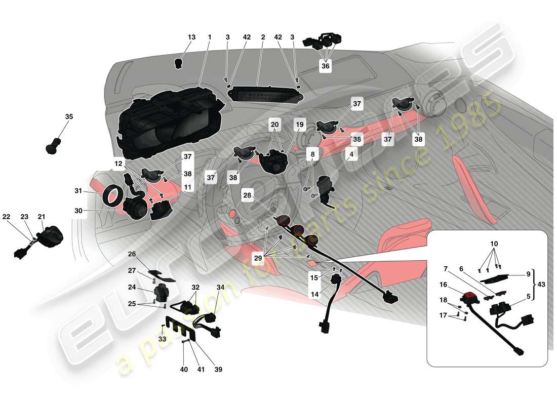 ferrari laferrari (usa) instrumentos del tablero y del túnel diagrama de piezas